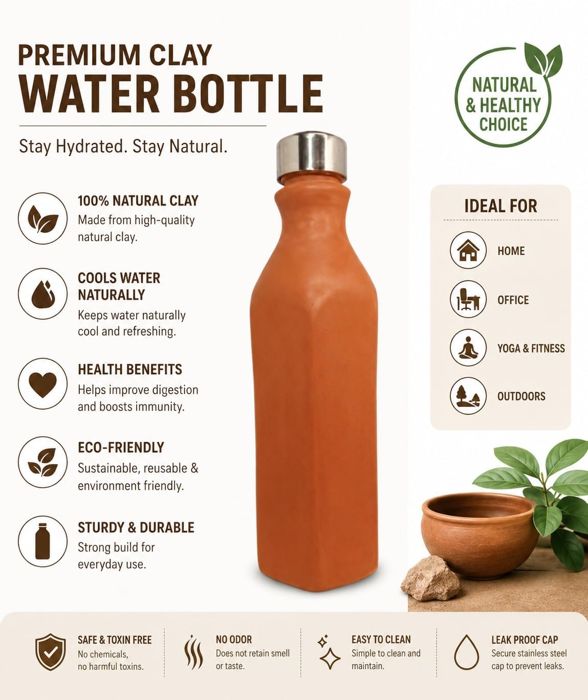 Webelkart Botella de agua de arcilla de 1 litro con tapa de acero inoxidable