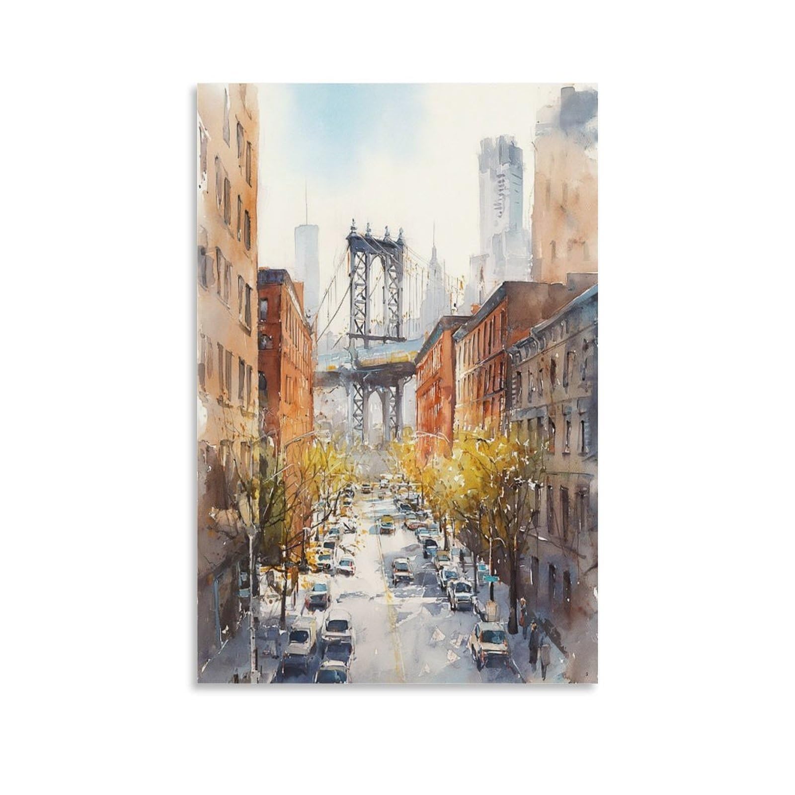 LCYNNH Brooklyn Bridge Watercolor Painting New York Travel Poster 16x24inch(40x60cm) Print Home Bedroom Office Living Room Decor Canvas