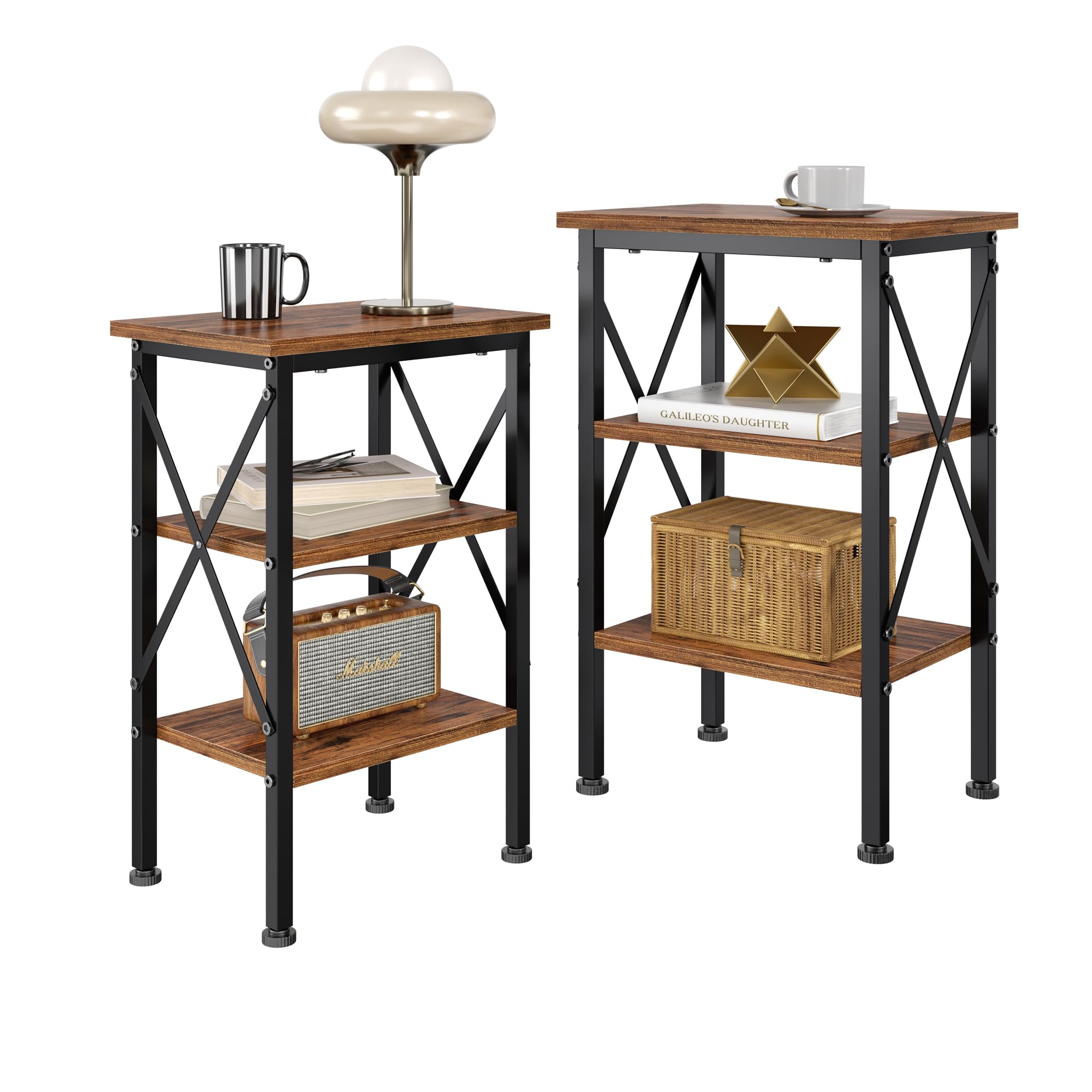 VECELO End Table Set of 2, Bedside Table, 24" Tall Living Room End Tables, X-Design Reinforced Nightstands, Side Table with 3-Tier Storage Shelves for