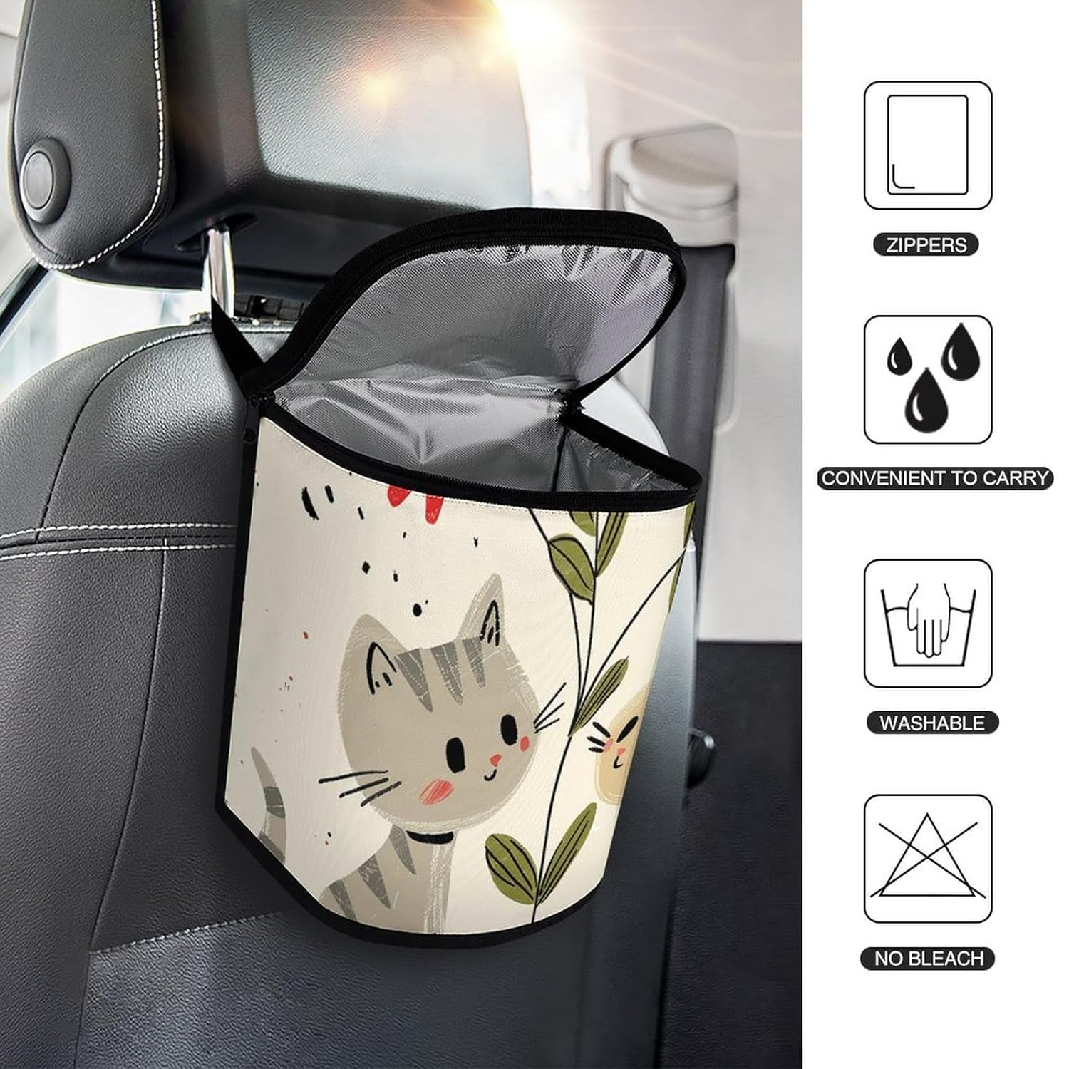 Hanging Car Trash Bag Protable Trash Can Draw Two Cats Waterproof Garbage Bin for Car
