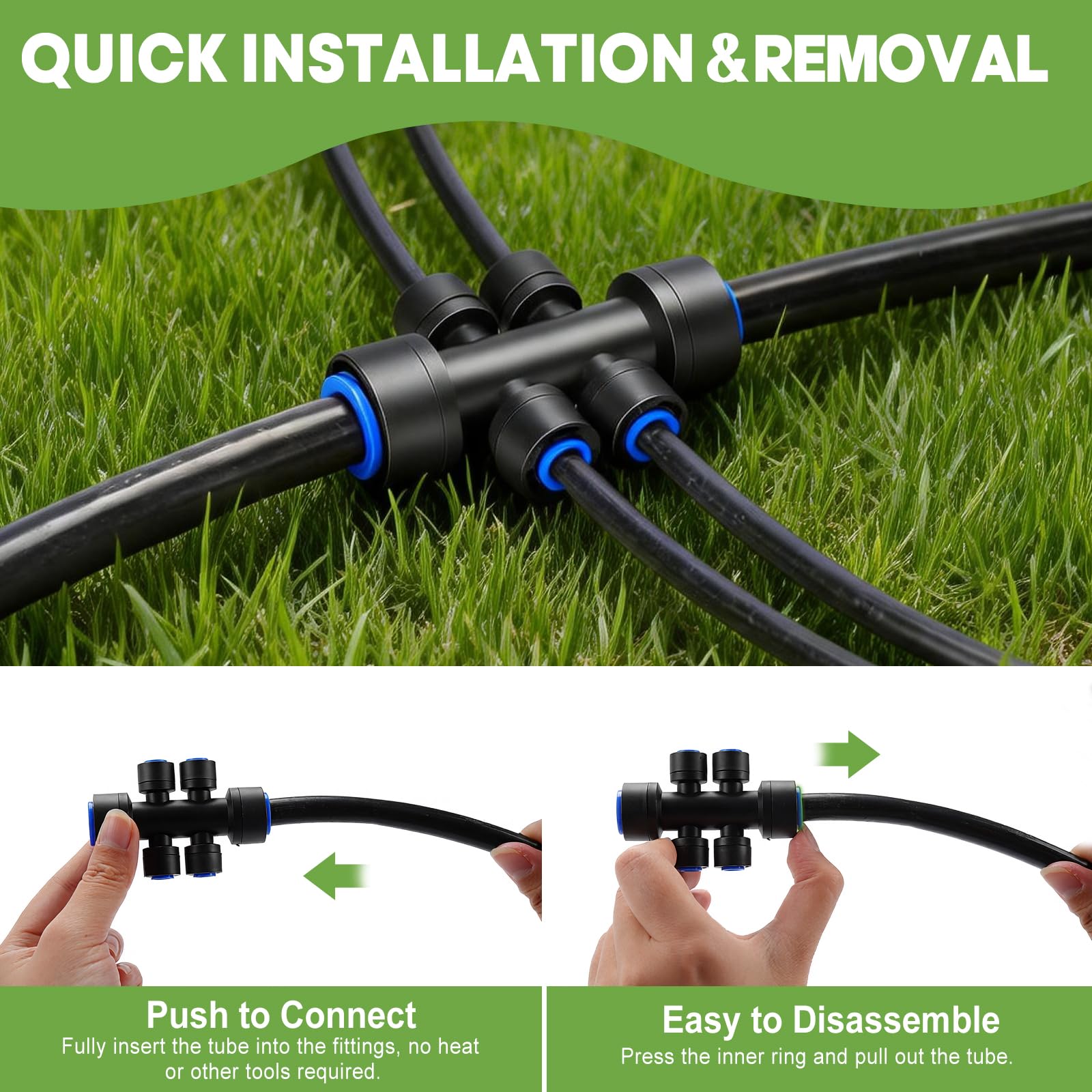 Sistema di irrigazione a goccia a innaffiamento rapido da 60 m, kit di irrigazione automatica da giardino con raccordi a bloccaggio rapido da 1/2" e 1/4", irrigatori regolabili per aiuole