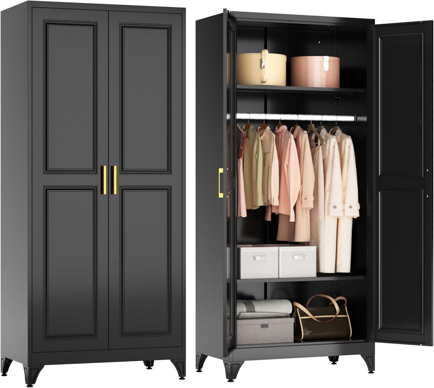 POLUP 71" Metal Armoire Wardrobe Closet with Hanging Rod & Shelves, Black Steel Storage Cabinet for Bedroom, Office, Gym - Sturdy & Spacious