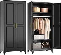 POLUP 71" Metal Armoire Wardrobe Closet with Hanging Rod & Shelves, Black Steel Storage Cabinet for Bedroom, Office, Gym - Sturdy & Spacious
