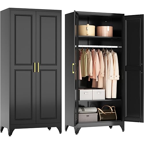 Polup Metal Armoire Wardrobe Closet with Hanging Rod, 71" Tall Wardrobe Cabinet for Clothes, Black Clothing Storage Cabinet with Doors and Shelves, Large Wardrobes for Bedroom, Office, School, Gym