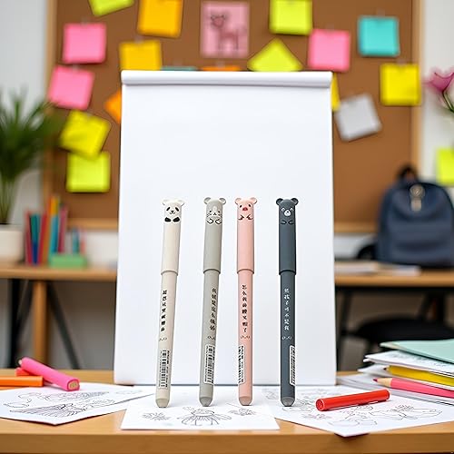 Miniatura 4 de Jowxsx 4 bolígrafos de gel borrables negros lindos suministros escolares de dibujos animados borrables fáciles de frotar bolígrafo de gel lindo