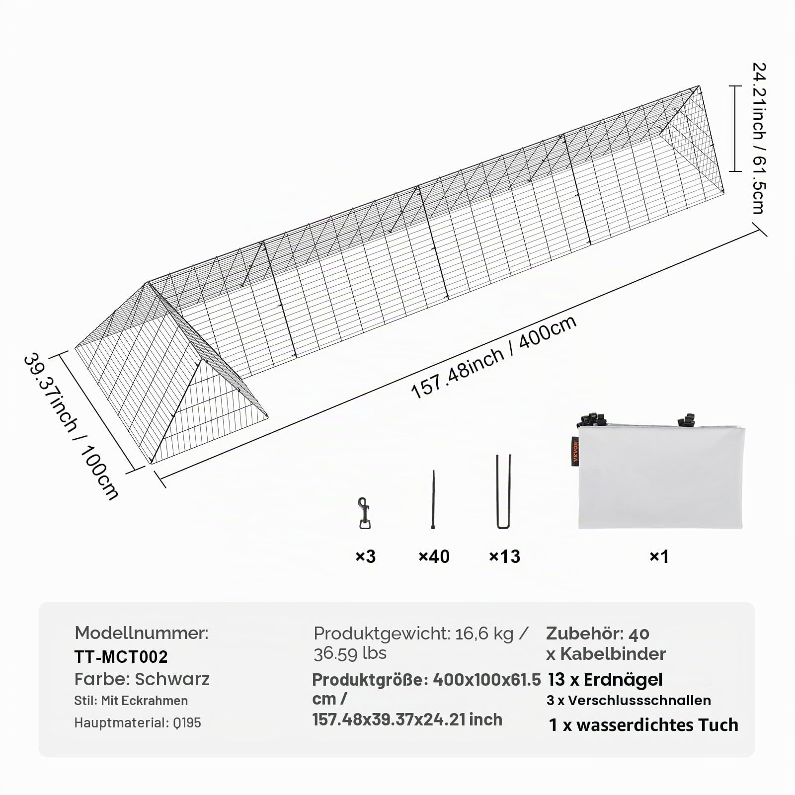VEVOR Hühnertunnel, 400 x 100 x 61,5 cm (L x B x H) Hühnerkäfig für den Hof, tragbare Hühnertunnel für draußen mit Eckrahmen, Hühnerstall-Auslauf, geeignet für Hühner, Enten, Kaninchen
