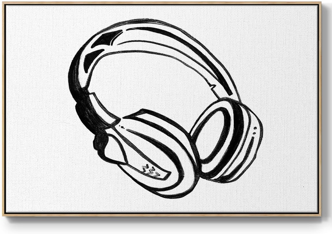 Renditions Gallery Canvas Wall Art Paintings Black Headphone Sketch Floater Framed Artwork Decorations for Bedroom Office Kitchen - 25"X37" Natural Frame - GAL004