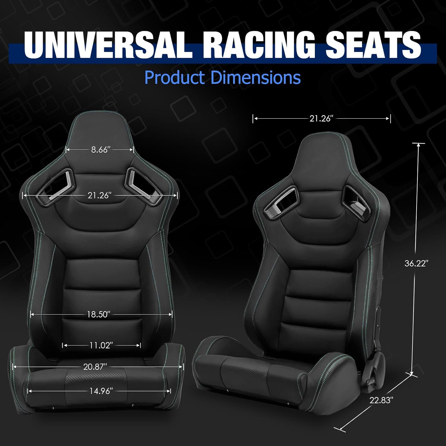 FREEMOTOR802 Racing Seats with Dual Lock Sliders, Universal For Most Cars Vehicles First Row, 1 Pair Reclinable Sport Bucket Seats, PU Carbon Fiber Look Leatherette, Green