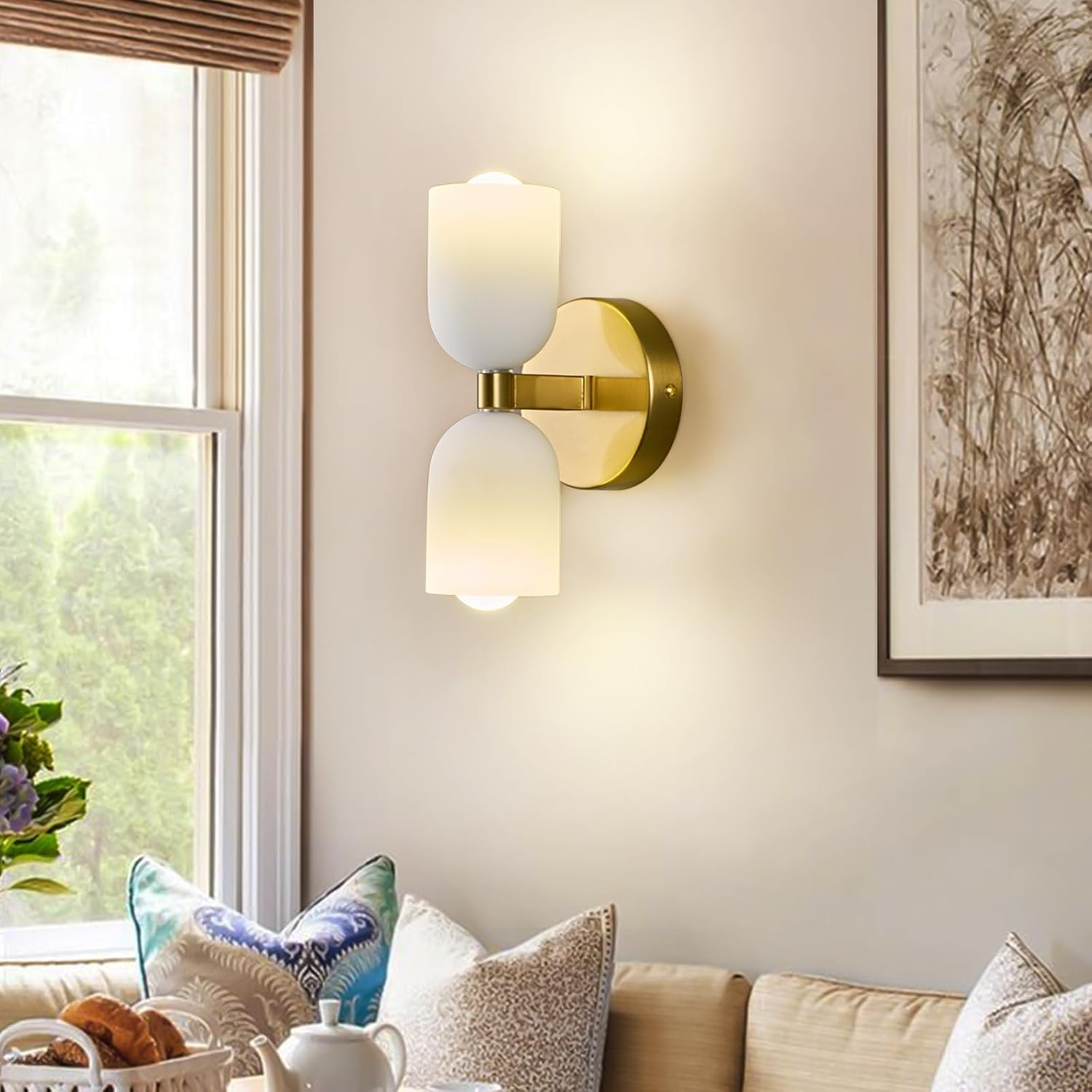 Gold Wall Sconces Set of Two Modern LED Bedside Reading Wall Light Fixture with Glass Wall Lamp for Bedroom Living Room Dining Room Reading Room Hallway(2-Light)