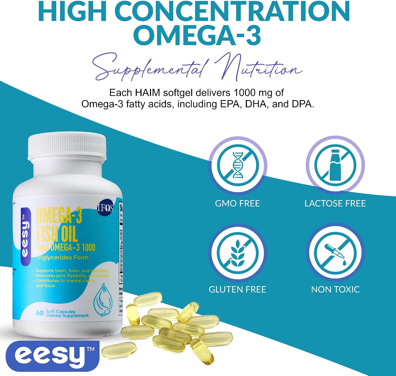EESY Omega-3 Fish Oil Supplement, Supports Heart, Brain & Eye Health, Promotes Joint Mobility, EPA & DHA in Natural Triglyceride (TG) Form, 60 Soft Capsules, Dietary Supplement, Fatty Acid, USA Made