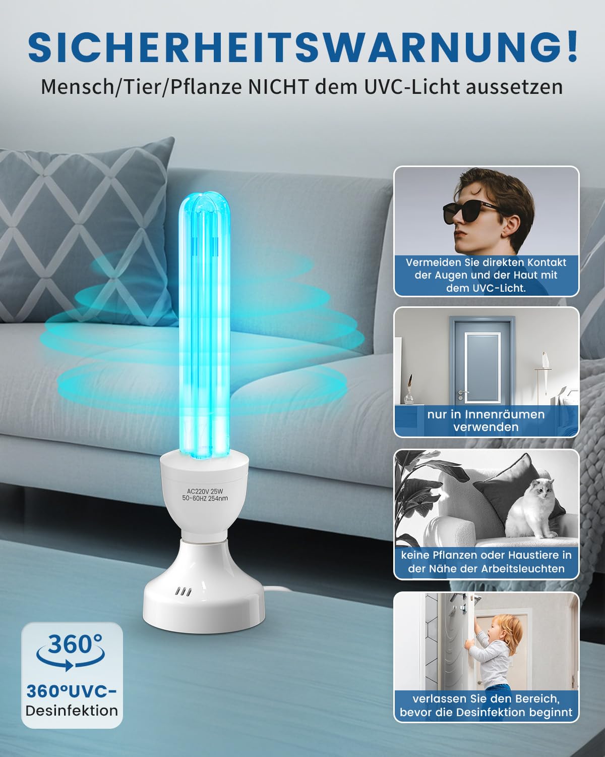 Lampe Desinfektion mit Ozon Licht Fernbedienung Timer 25W Keimtötende Lampe Starke Sterilisation und Desinfektion AC220-240V Perfekt für Küche, Schlafzimmer, Wohnzimmer, Büro Frischluft