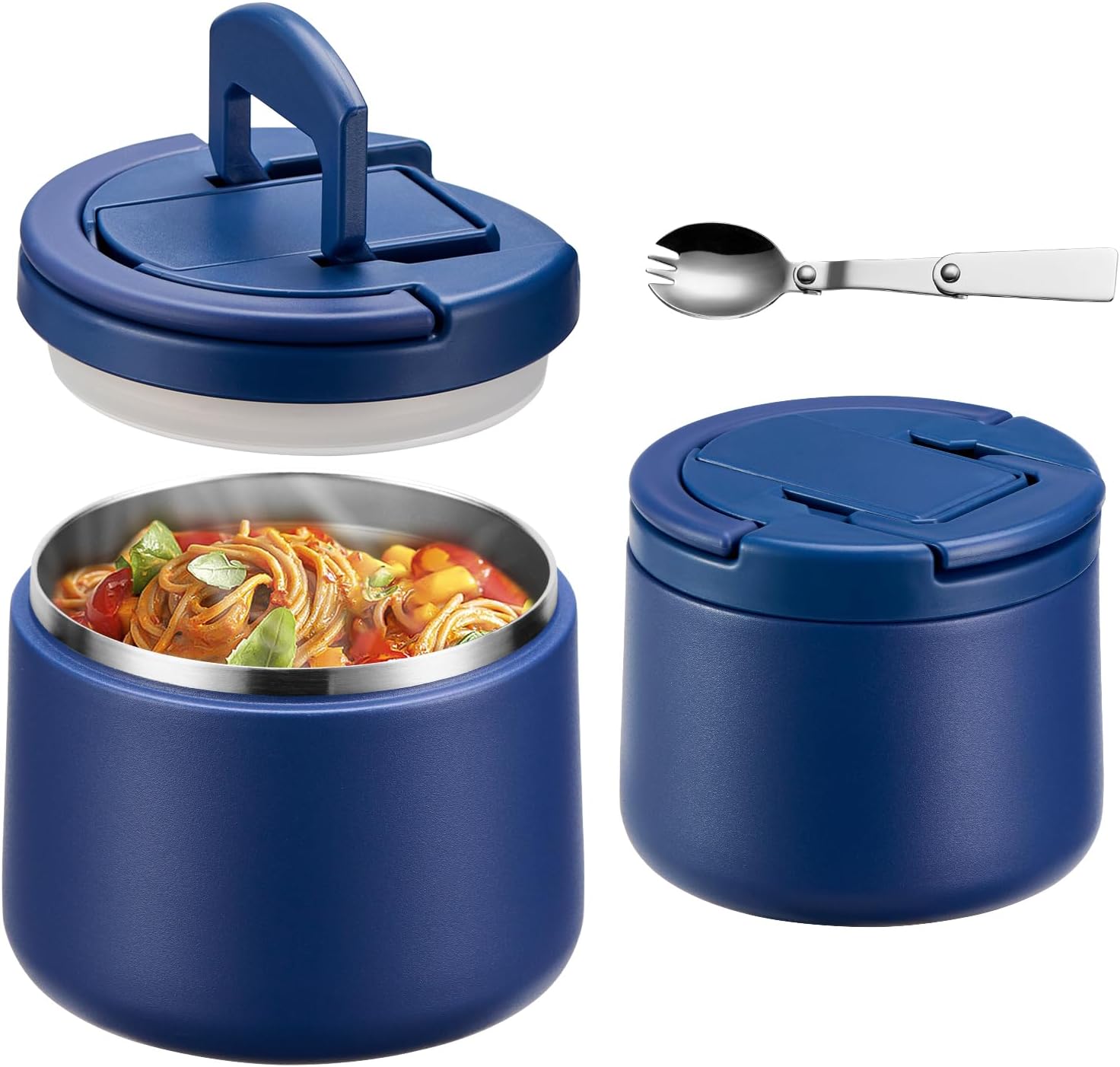 14oz insulated vacuum food jar with buckle lid,soup thermo for hot food kids,wide mouth leakproof stainless steel lunch container with spoon-blue blue 14oz