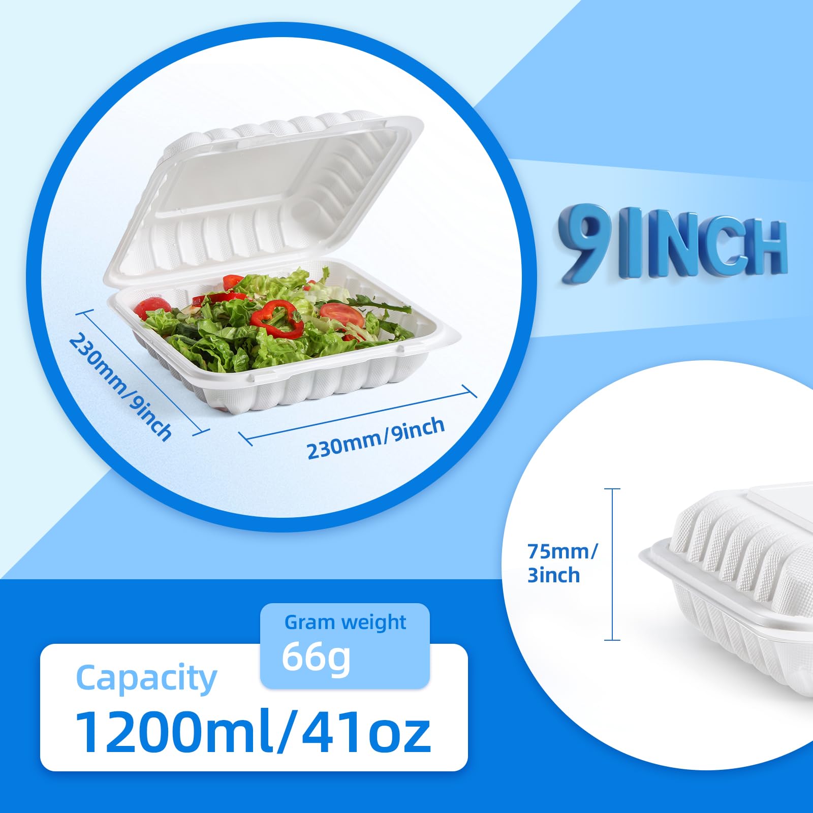 YANGRUI To Go Contenedores, paquete de 100 recipientes de gran capacidad de 9 pulgadas y 41 onzas biodegradables para preparación de comidas, sin BPA, aptos para microondas y congelador, recipientes