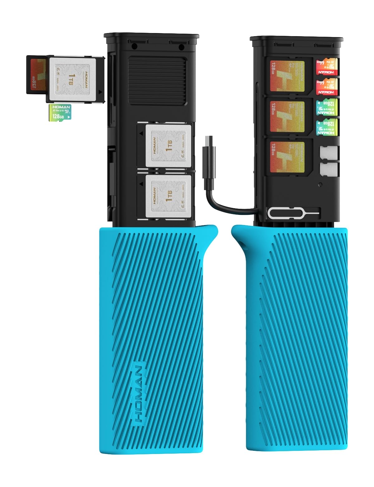 CFexpress - Lector de tarjetas tipo B, funda para tarjetas CF B, tarjetas SD y micro SD, USB 3.2 Gen2 10 Gbps 4 en 1, adaptador de tarjeta CFexpress de aluminio, lee 6 tarjetas simultáneamente azul