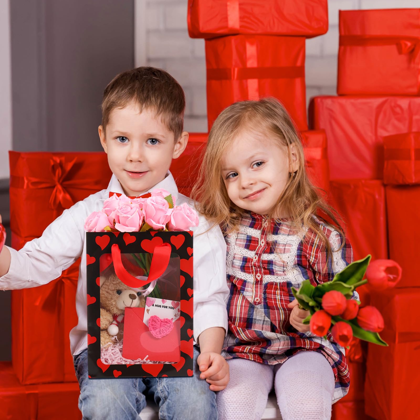 Frienda 12 Pcs Valentines Gift Bags Bulk Heart Goodie Bags with Clear Window and Handle Pink Red Happy Valentine's Day Paper Gift Wrap Love Tote Pouches for Party Favors Wedding Birthday Party