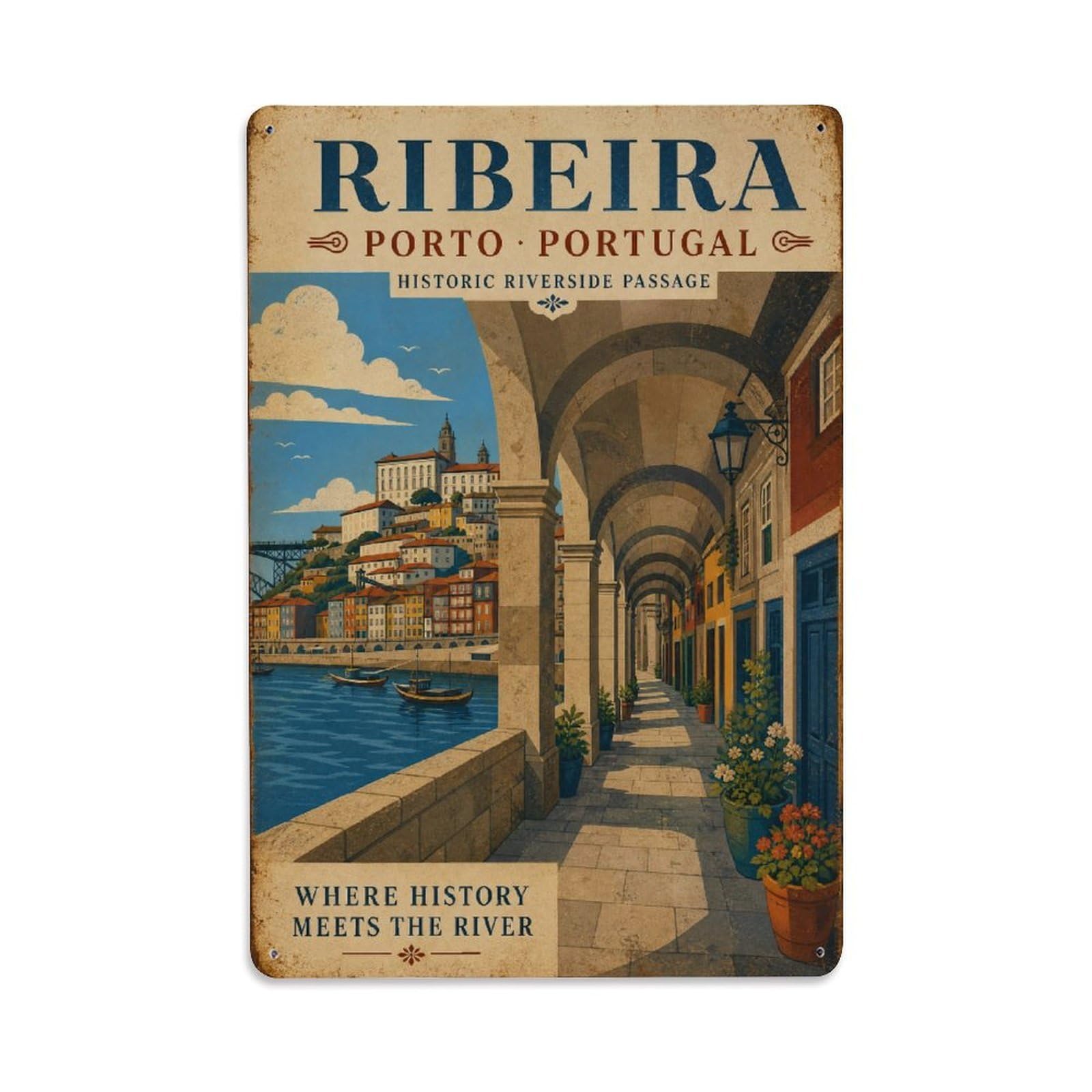 Huiyhb 8X12inch(20X30cm) Vintage Travel Ribeira Arches Riverside Walkway Historic Portugal Metal Tin Sign