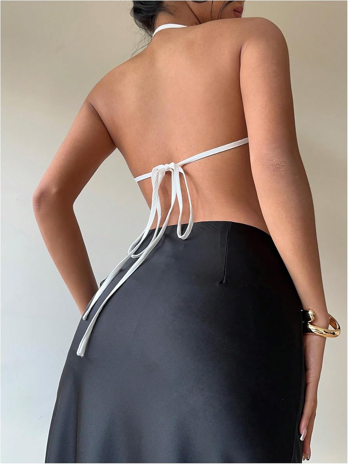 MakeMeChic Women's Party Satin Silk Tie Backless Halter Top Draped Front Sleeveless Crop Tops - Image 2