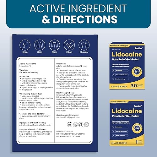 Miniatura 8 de Sumifun Parches de alivio del dolor de lidocaína al 4%, 30 unidades de parches de gel anestésico de máxima fuerza para espalda, rodilla, cuello,