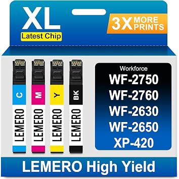 LEMERO Remanufactured Ink Cartridge Replacement for Epson 220XL 4-Pack | High Yield Combo Pack for Workforce WF-2750 WF-2760 WF-2630 WF-2650 WF-2660 XP-420 XP-320 XP-424 Printer 4 Pack