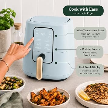 B - 3-Quart Digital Air Fryer, TurboCrisp Technology, 4 Presets, 170F-400F, Non-Stick, Dishwasher Safe, 1200 Watt. (Hydrangea)