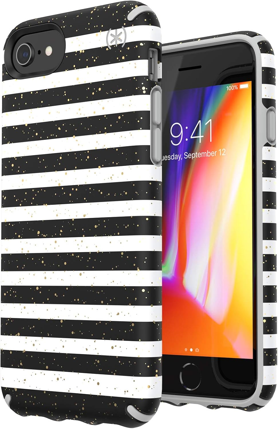 Speck Products Presidio Inked iPhone SE (2022)| iPhone SE (2020)| iPhone 8| iPhone 7 Case, Stripe Gold Specks/Marble Grey, Gray (132087-8902)
