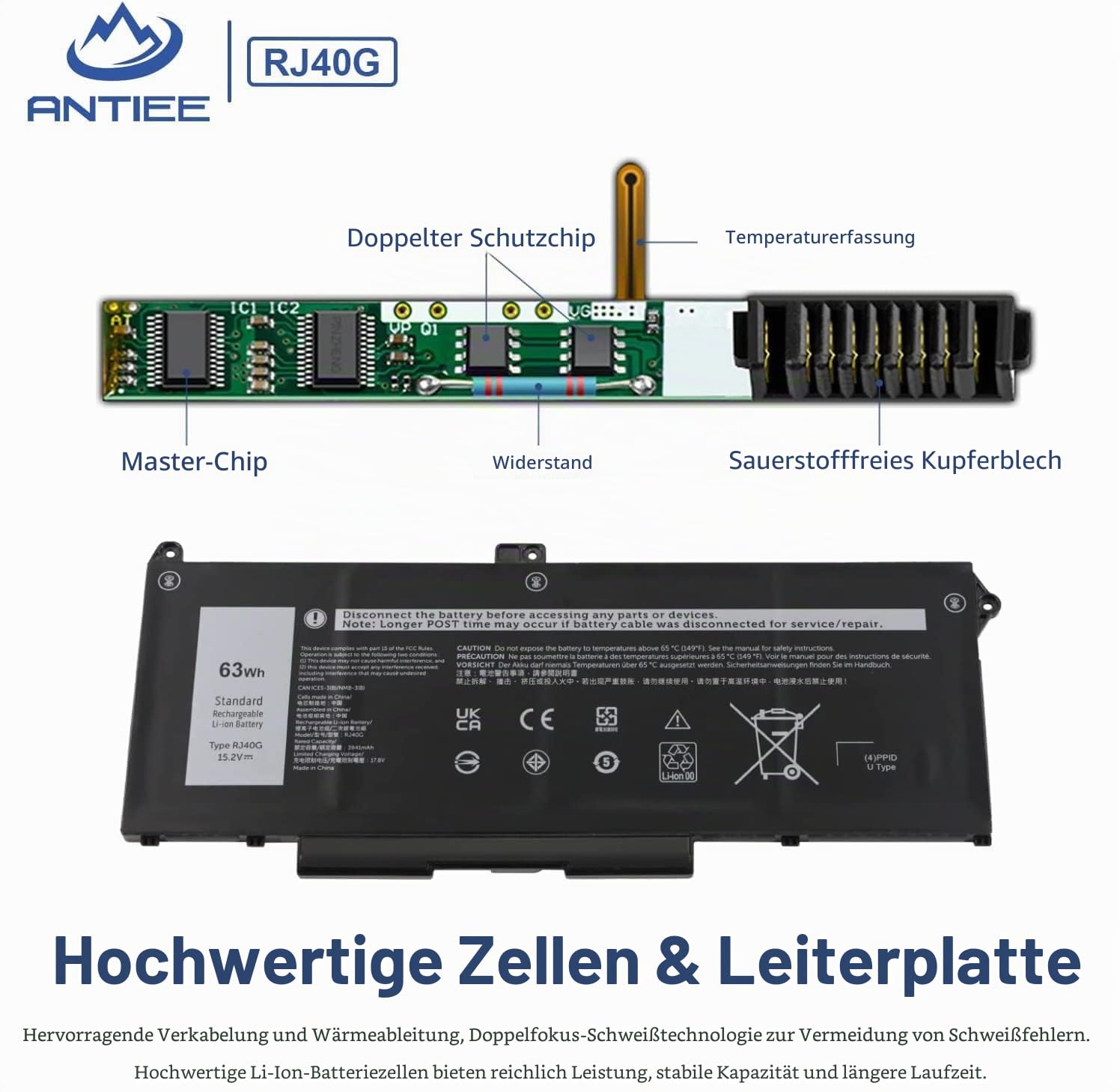 ANTIEE 63Wh RJ40G Laptop Akku Kompatibel mit Dell Latitude 14 5420 Latitude 15 5520 Precision 15 3560 Series P137G P137G001 P104F P104F001 P104F002 005R42 075X16 01K2CF WY9DX 0WK3F1 0M3KCN 15.2V