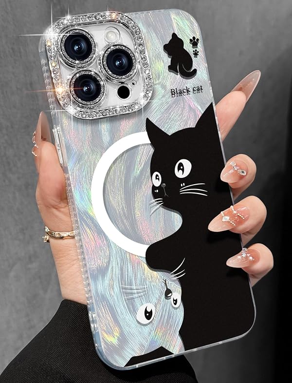 Toycamp for iPhone 15 ProMax Case - Compatible with Magsafe Aesthetic Cute Holographic i 15 Pro Max Case with Diamond Bling Lens Protector for Apple 15ProMax Cover for Women Girls, Black White Cat by Toycamp - Used condition - US$5.02