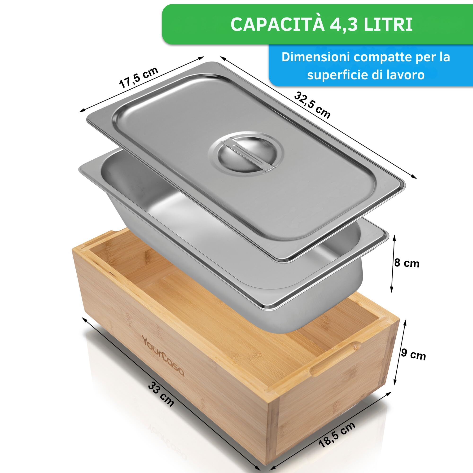 YourCasa pattumiera cucina 4,3L - bidone umido cucina - secchio umido in vero legno con inserto in acciaio inox - pattumiera umido - cestino umido cucina - compost (Bambù)