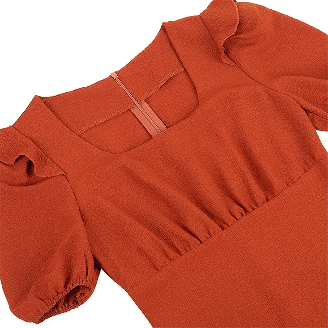 Vestido de oficina para mujer, cuello redondo, manga abombada, de verano, de cintura alta, ajustado, para fiesta