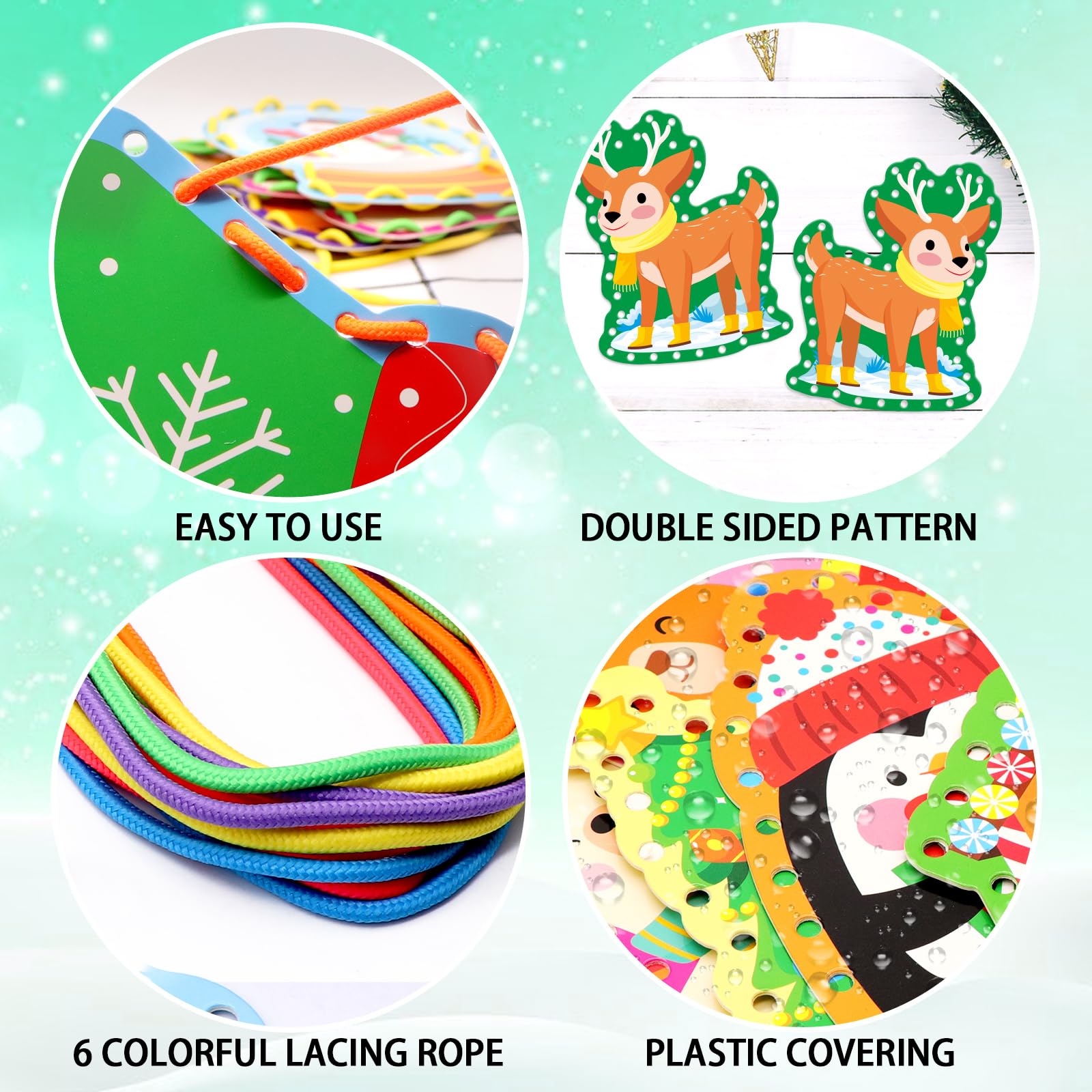 Omlisca Tarjetas de cordones de animales de invierno, 12 paquetes de kits de costura de doble cara, tarjetas de costura de Navidad, actividades educativas y de aprendizaje, habilidades motoras finas