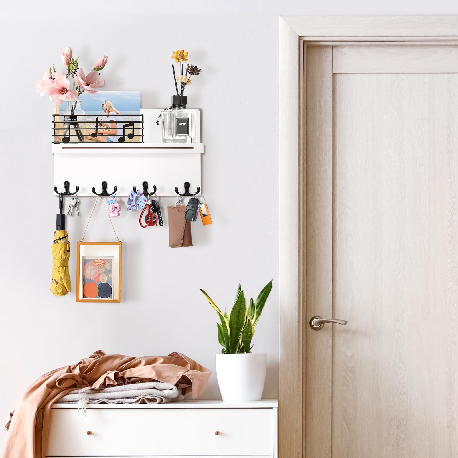 Portachiavi Da Parete In Legno Con 4 Ganci E Ripiano - Organizer Per Ingresso
