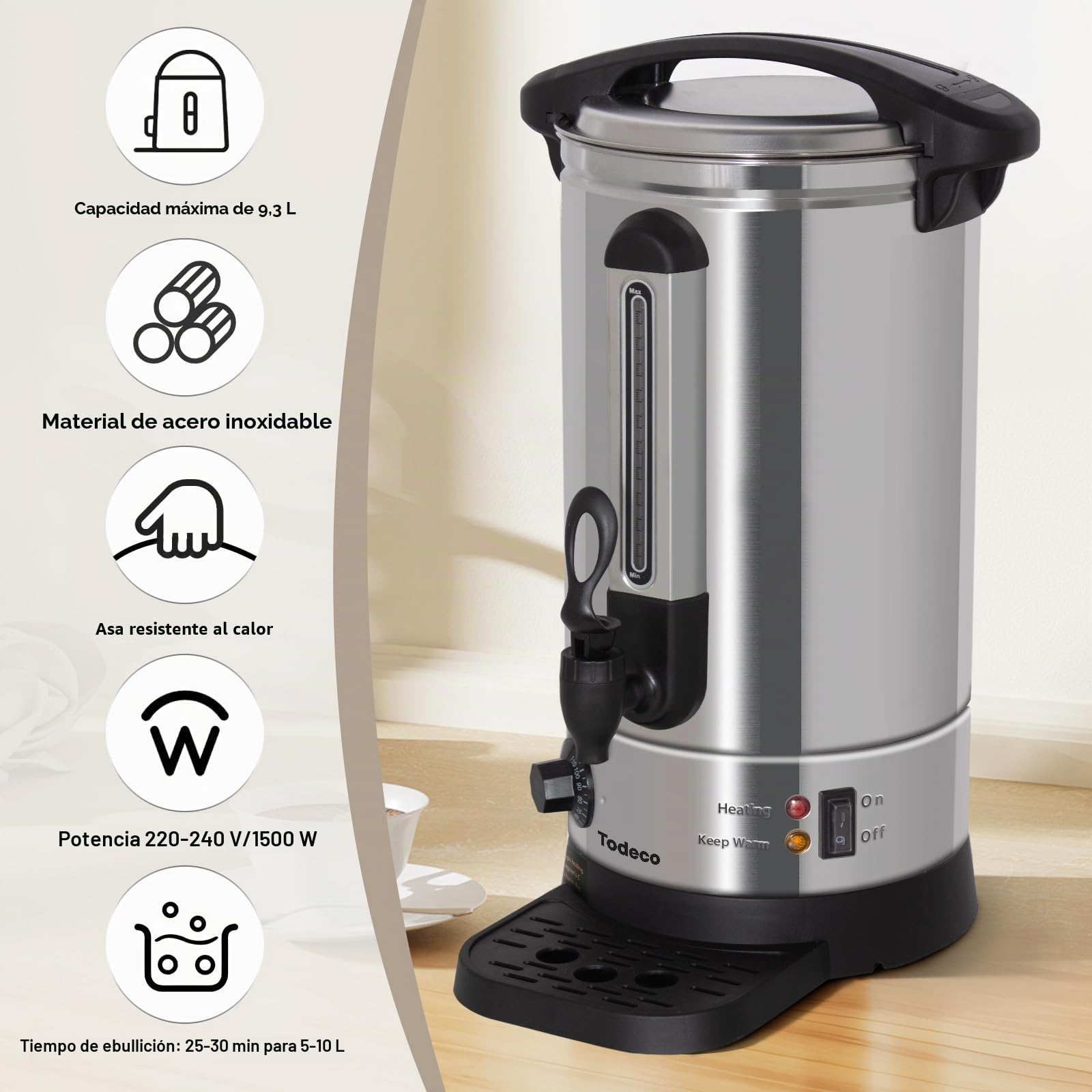 Todeco Hervidor para Vino Caliente 9,3 L, Dispensador Bebidas Calientes | 1500 W, termostato 30–110 °C, grifo y bandeja antigoteo, acero inoxidable, ideal para café, té y vino caliente