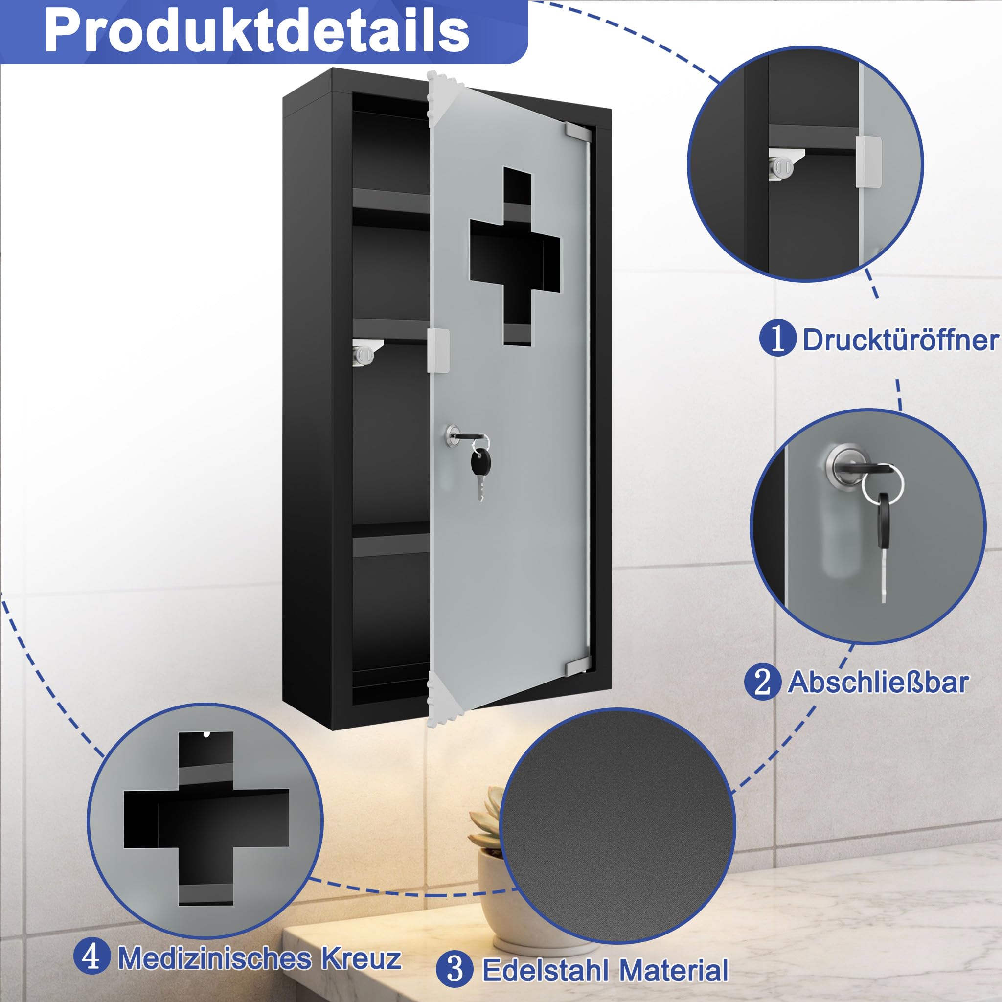 AufuN Armoire à pharmacie en acier inoxydable avec porte en verre, de nombreux compartiments pour la maison (4 compartiments, noir)