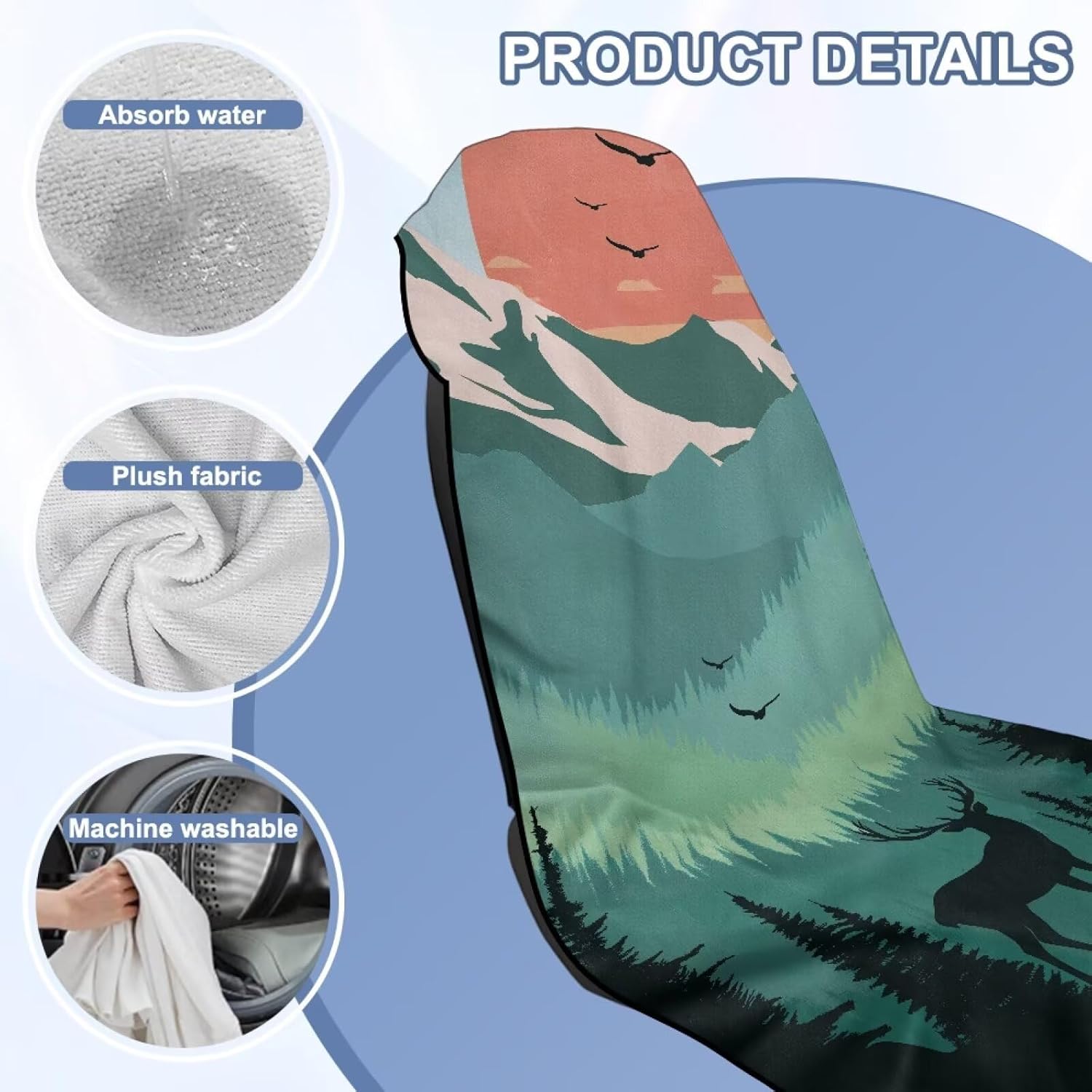 Deer Forest Mountain Sweat Absorb Car Seat Cover for Post Gym Workout, Running, Swimming, Beach and Hiking, Universal Fit Non-Slip Seat Protector for Cars SUV Trucks