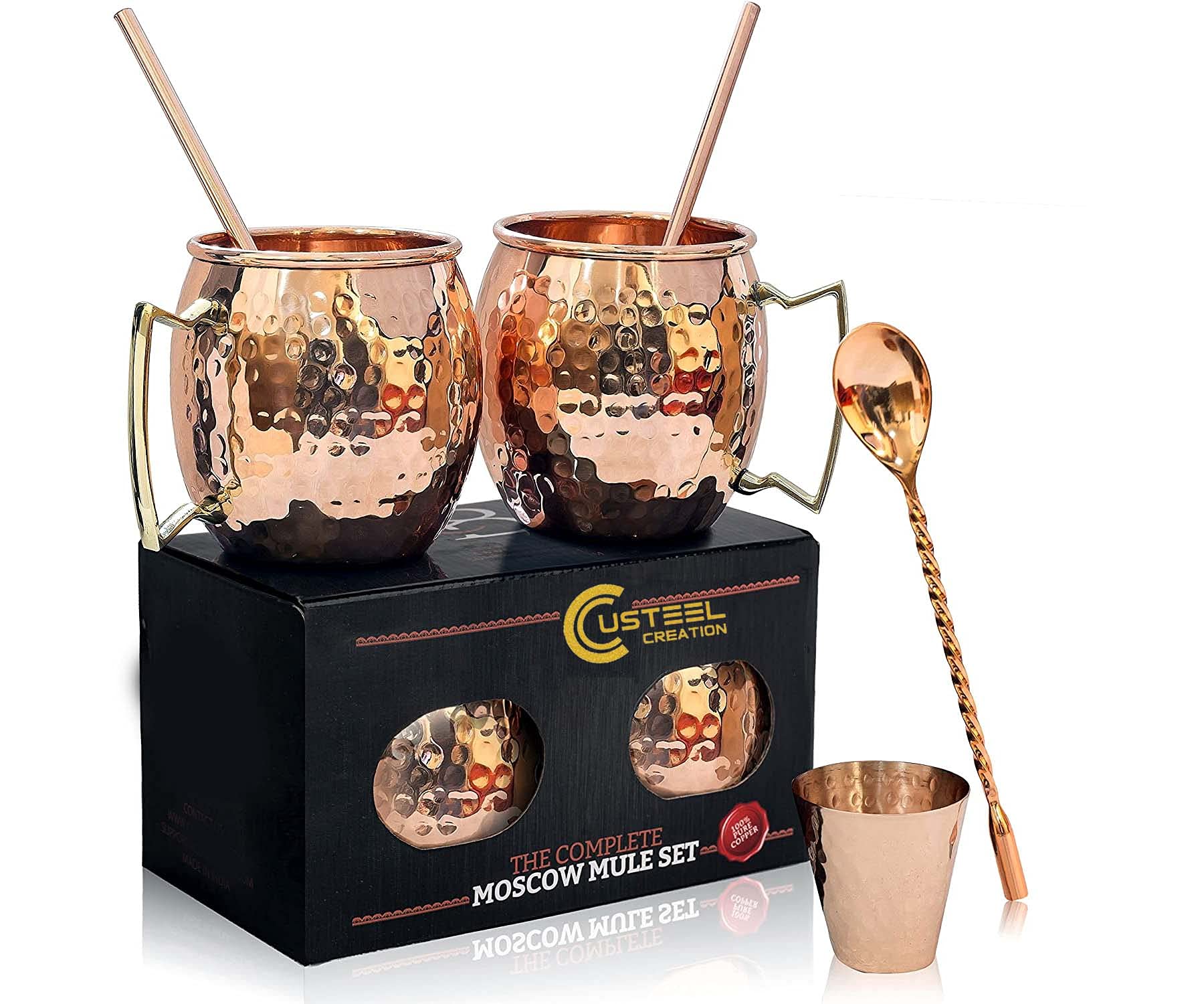 Moscow Mule -Copper Mugs -Set of 2-100% HANDCRAFTED Pure Solid Copper Mugs - 16 Oz- Gift Set With Cocktail Copper Straws- Copper Shot Glass - Copper Stirrer