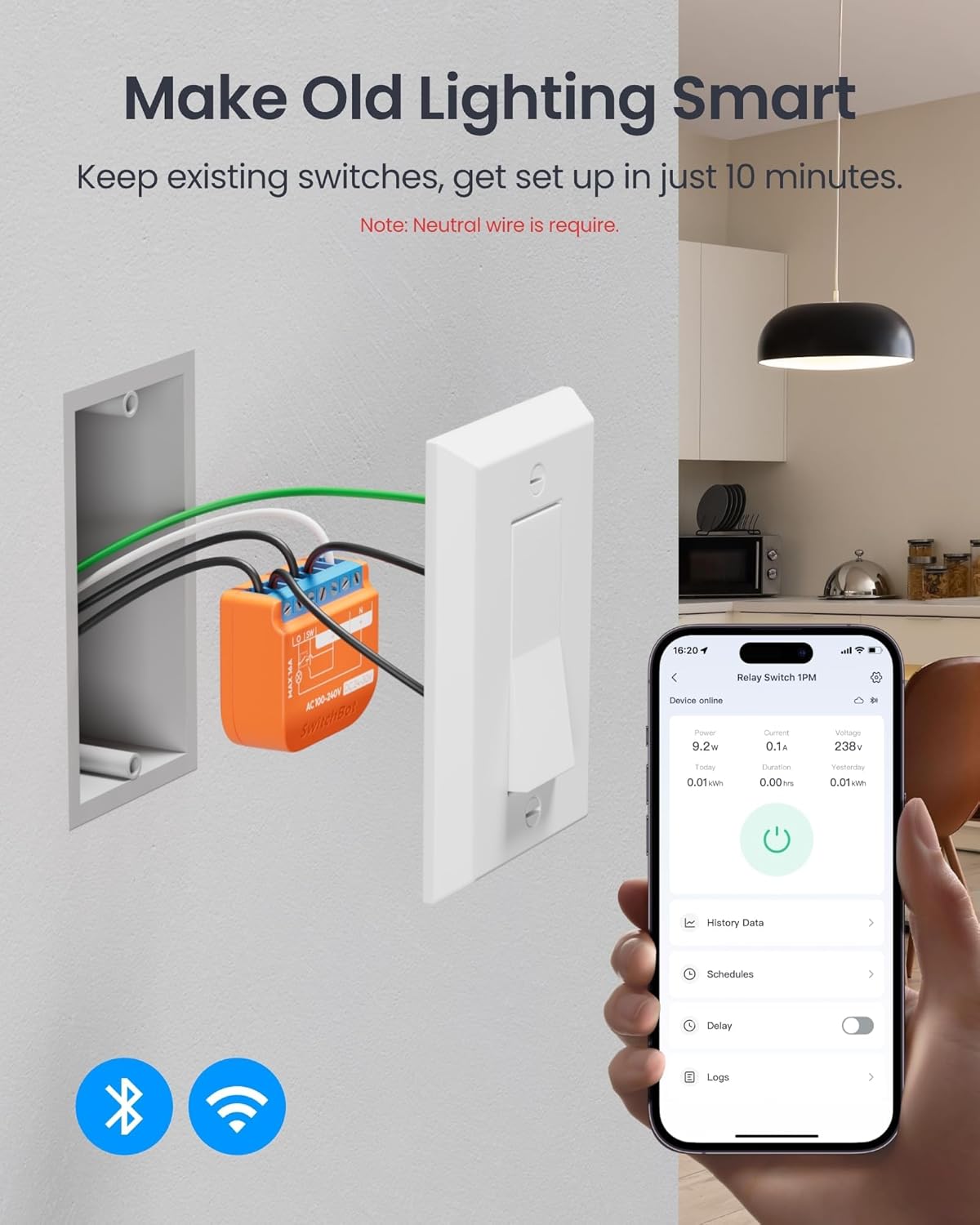 SwitchBot Matte Relay Switch 1PM, WiFi Switch Compatible with Alexa/Apple Home/Google Home, Power-Measuring Relay Switch Module with Integrated Bluetooth Repeater, Bluetooth & Wi-Fi 2.4 GHz, 16 A