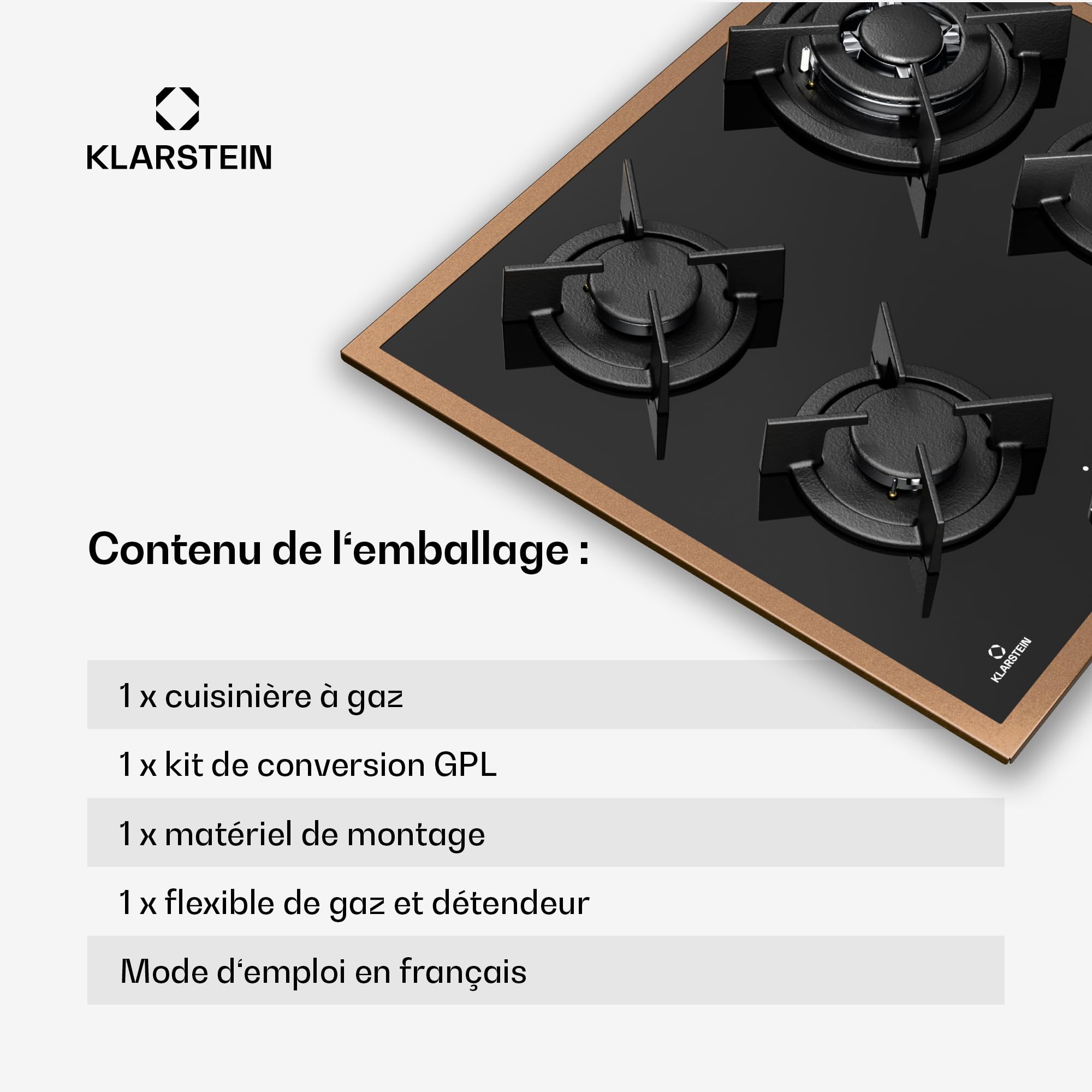 Klarstein Lumiflame Plaque De Cuisson Gaz, 4 Brûleurs 8 kW, Cadre Cuivre & Verre Trempé, Allumage Électrique, Sécurité FFD, Compatible GPL & Gaz Naturel, Supports Fonte