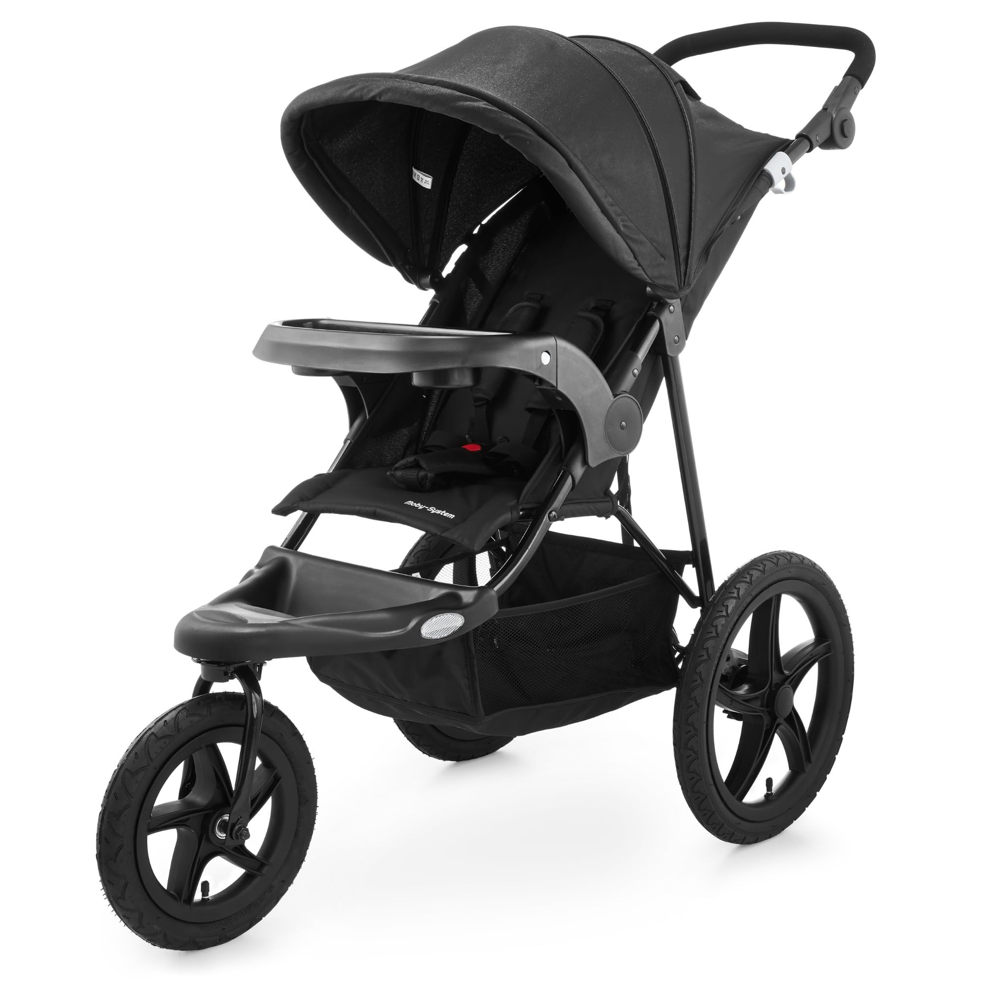 Moby-System Runner Mountain Poussette 3 Roues Pliable Compacte - Ceinture 5 Points, Panier de Rangement, Toit Réglable avec Fenêtre - Pour Enfants jusqu'à 15 kg - Noir