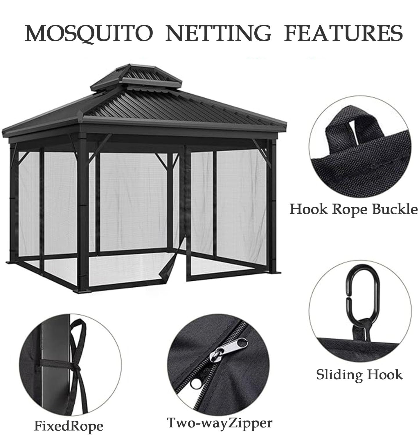 Zanzariere per Gazebo 3 * 3m, 4 Pannelli Tende Zanzariera di Ricambio Universale tenda con Cerniera e Chiusura a Strappo, Anti Vespe per patio, giardino, gazebo (solo zanzariera) (nero, 10 * 10ft)