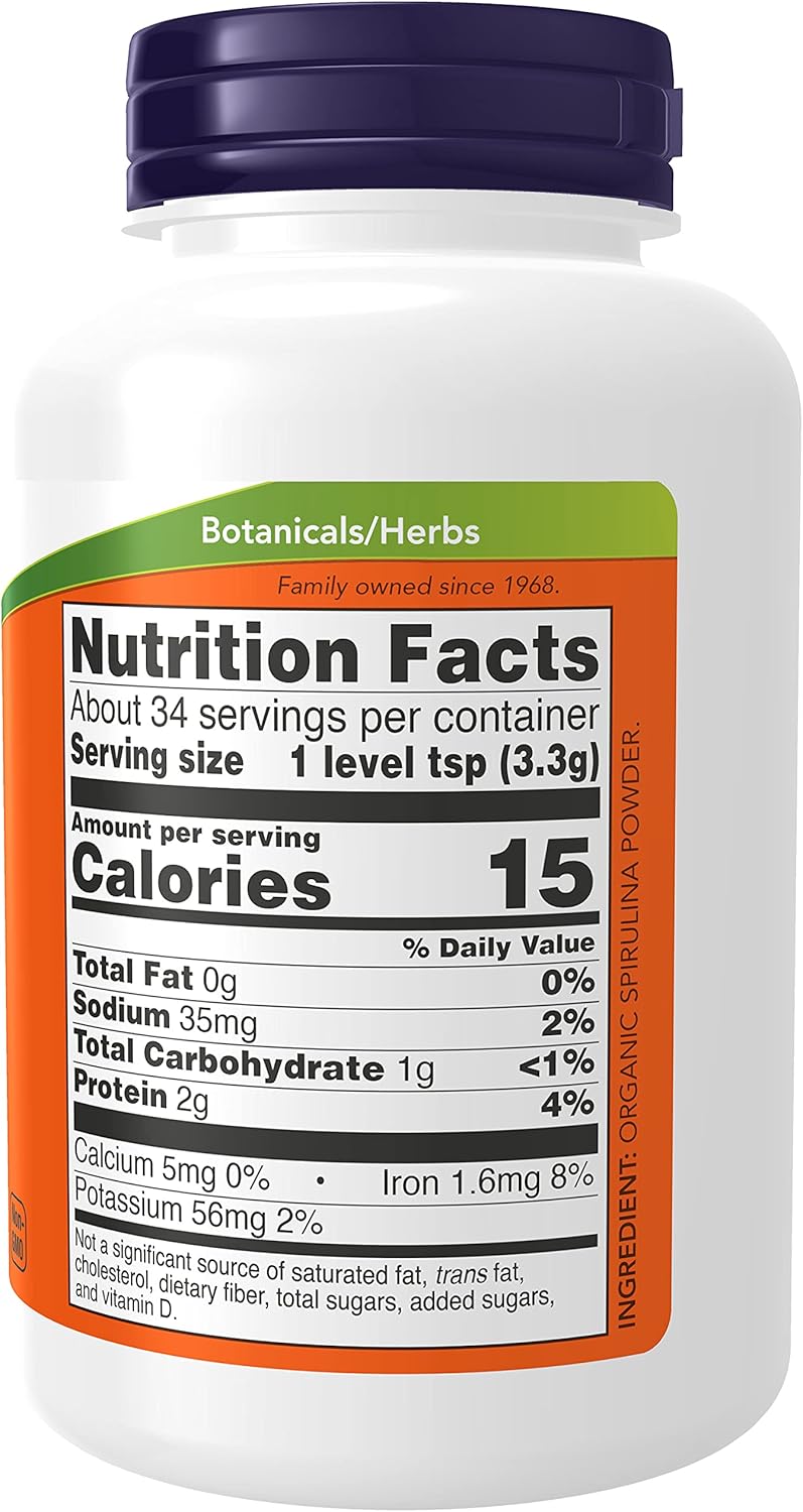 NOW Supplements, Certified Organic, Spirulina Powder, Rich in Beta-Carotene (Vitamin A) and B-12 with naturally occurring GLA & Chlorophyll, 4-Ounce : Health & Household