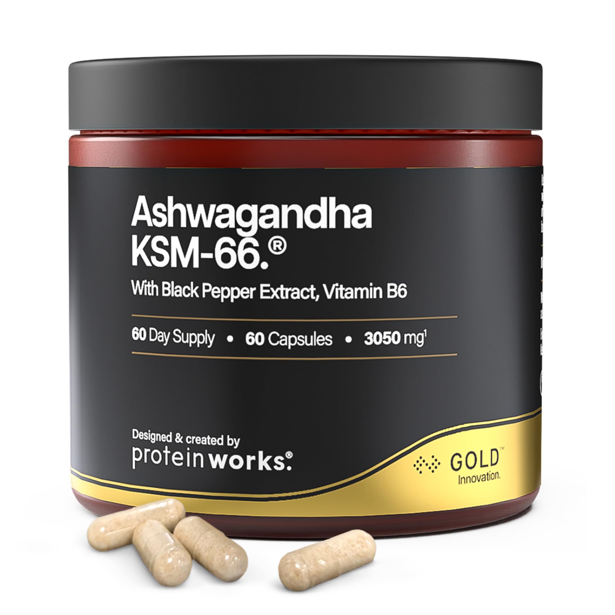 Ashwagandha KSM-66 - GOLD Innovation, Hochdosiert 3000mg Premium-Formulierung, Bio KSM-66 Ashwagandha-Wurzelextrakt 250mg, Mit Schwarzem Pfeffer & Vitamin B6, Vegan, 60 Kapseln | Protein Works