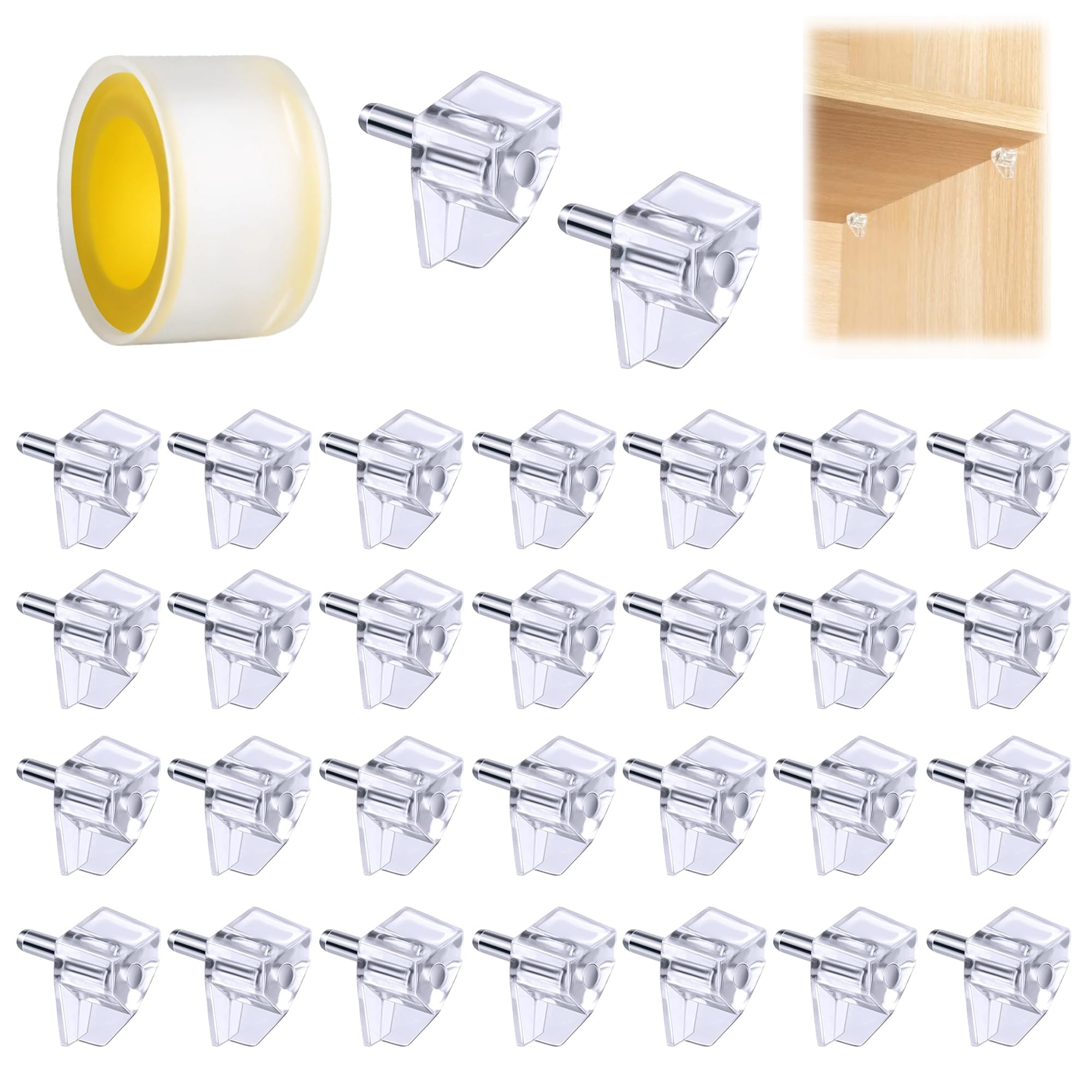 30Pcs 5mm Spring Locking Clear Shelf Support Pegs Invisible Plastic Shelf Pins with Stainless Steel Spring Clip Replacement Pins for Kitchen Furniture Bookcases Cabinets Glass Holder Hardware