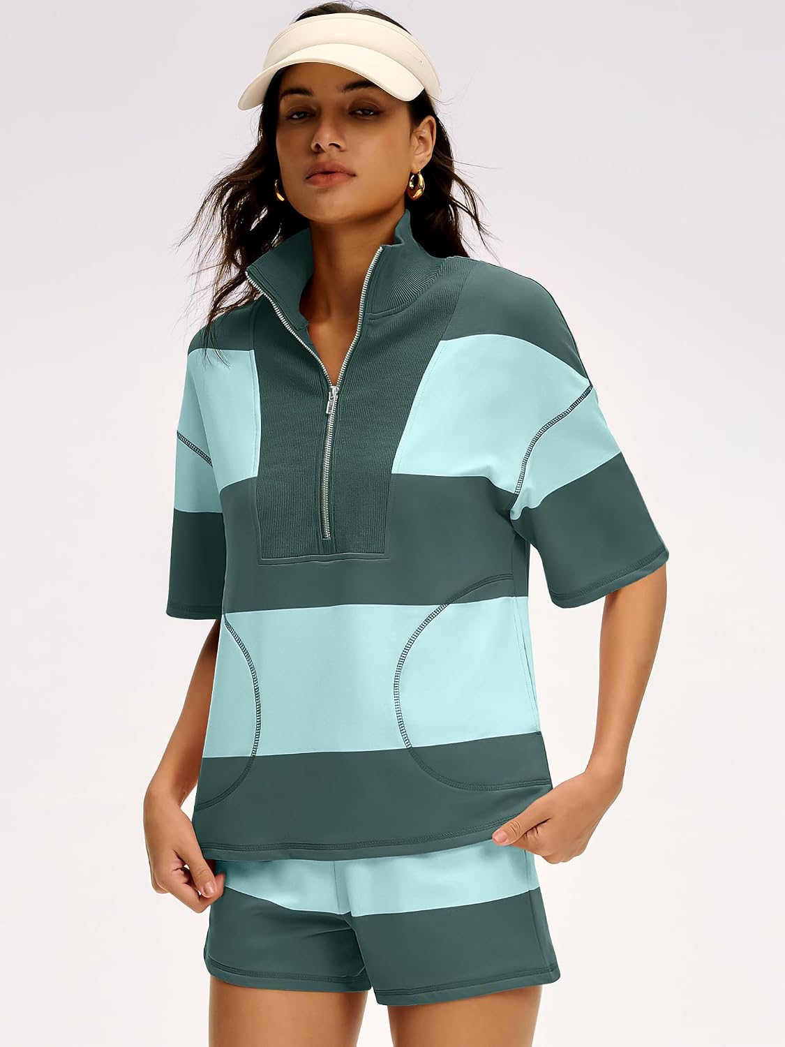 ANRABESS Striped Short Sets for Women 2 Piece Outfits Summer Casual Oversized Workout Athletisure Travel Lounge Matching Sets