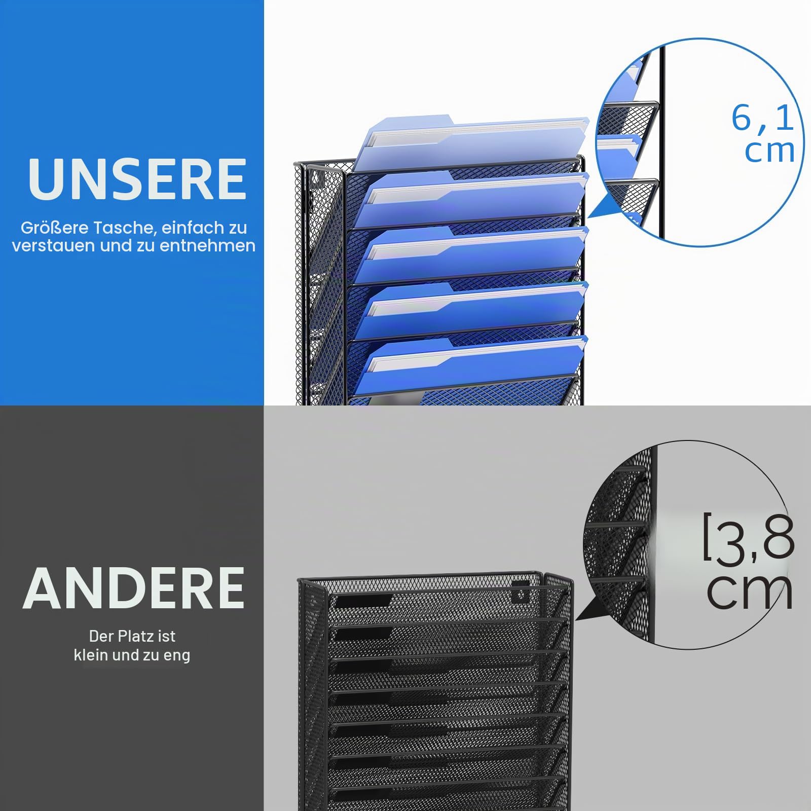 OUTWOLF 6 Ebenen Metall A4 Zeitschriftenhalter Wand Wandhalter Hängend, Aktenablage Dokumentenhalter Magazin Organizer, Flyerständer Prospektspender für Büro mit Haken, Schwarz