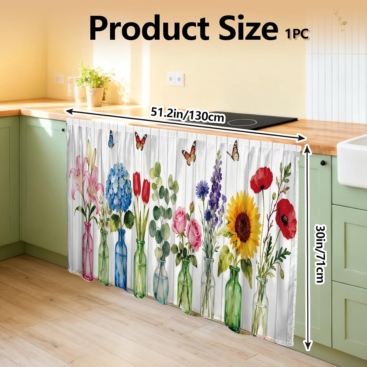 Potted Plants Cabinet Curtains 51.18inch Long Sink Skirts Curtain for Kitchen Flowers Pattern Cabinet Curtains for Bedroom Bathroom Laundry Room