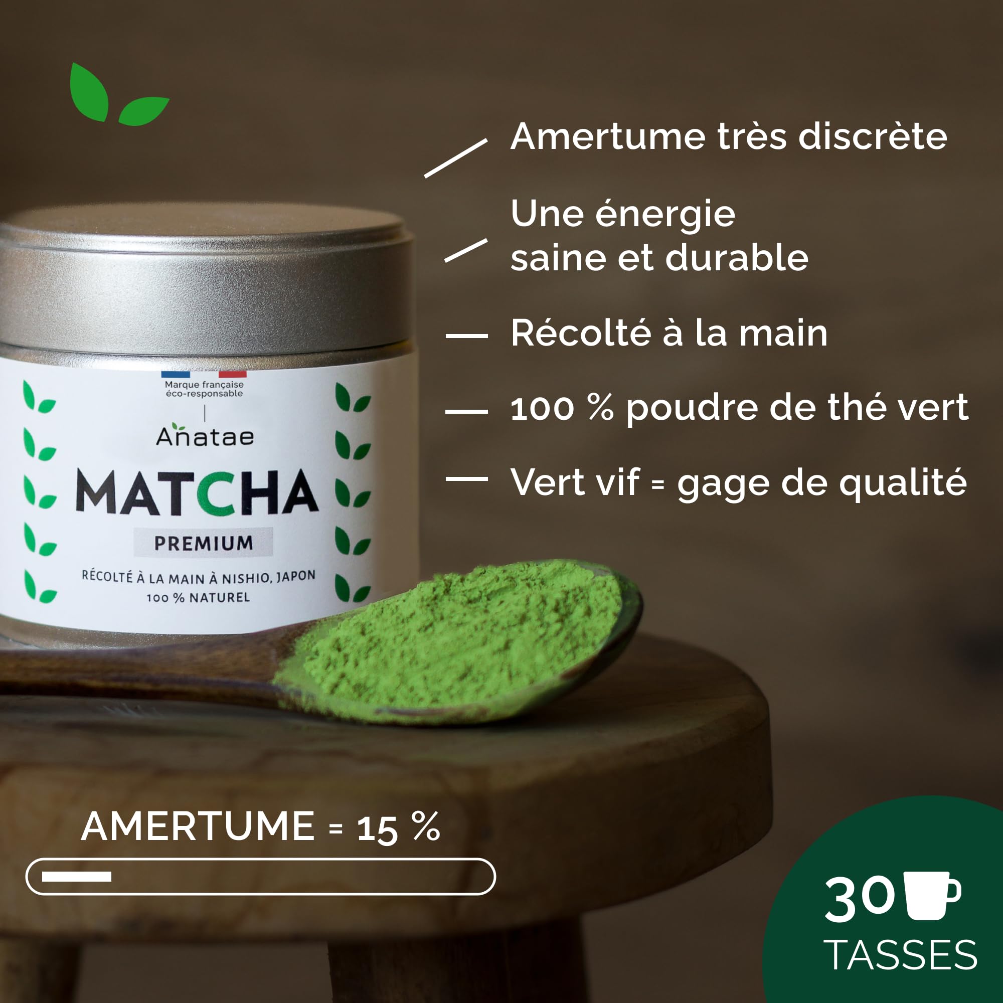 Anatae Marque française - Thé Matcha bio premium japonais - Amertume discrète - Poudre de thé vert matcha 100% BIO qualité premium - Récolté à la main à Nishio, Japon. (30)