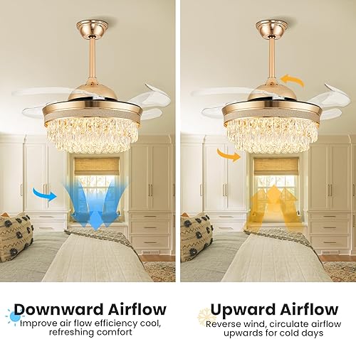 Miniatura 4 de Jenvkoil Ventilador de techo de cristal con luz de 42 pulgadas, ventilador de araña moderno, 6 velocidades, ventiladores de techo retráctiles con