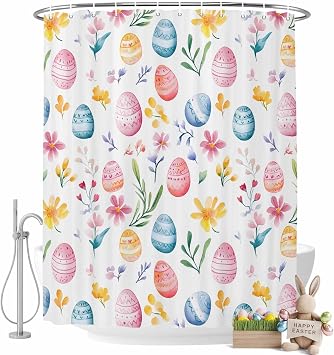 Easter Shower Curtains for Bathroom Easter Eggs Spring Stall Shower Curtain Set Waterproof Polyester Bathroom Curtains Floral Leaves Bathtub Decorations 36x72 Inch