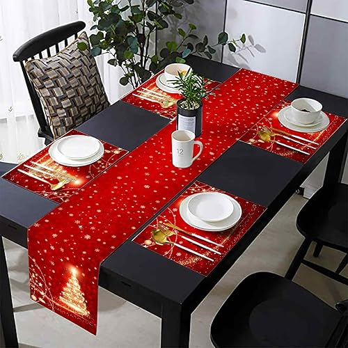 Miniatura 5 de Juego de 6 caminos de mesa y manteles individuales con purpurina para árbol de Navidad, juego de tapetes de comedor de lino lavable rojo feliz año