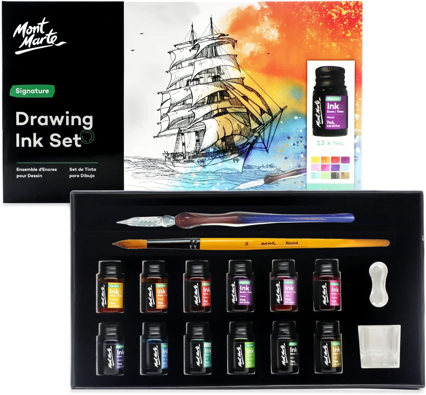 Mont Marte Kit d'encre à dessin Signature 16 pièces, comprend 12 couleurs d'encre de 7 ml, stylo trempette pour verre, pinceau, repose-stylo, puits d'encre, idéal pour l'illustration, la calligraphie,